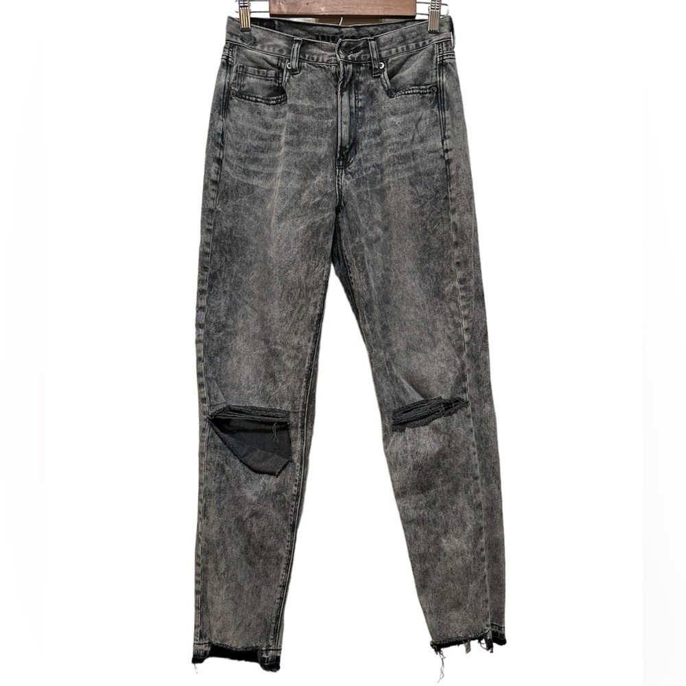 American Eagle Distressed Mom Jean Black Acid Wash Distressed Jeans Sz 4 X-Long